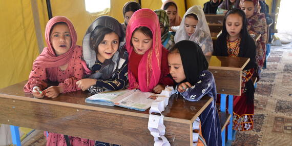 A year after the Herat earthquakes, the Afghanistan Humanitarian Fund and Central Emergency Response Fund support has helped students get back to learning with tents and educational kits in Afghanistan's Herat Province. Photo: UNA-UK/Abdullah Zahid.