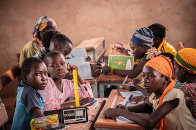 Displaced children in Burkina Faso access education through radio-based learning, funded by the Regional Humanitarian Fund, offering an alternative path to schooling.