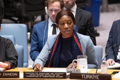 Edem Wosornu, OCHA's Director of the Operations and Advocacy Division, addresses a Security Council meeting on the situation in the Middle East (Syria) in November 2024. Photo: UN Photo/Eskinder Debebe