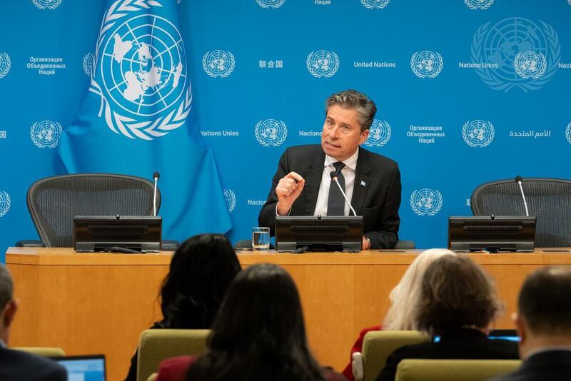 Tom Fletcher, Under-Secretary-General for Humanitarian Affairs and Emergency Relief Coordinator, holds a press conference at UN Headquarters.